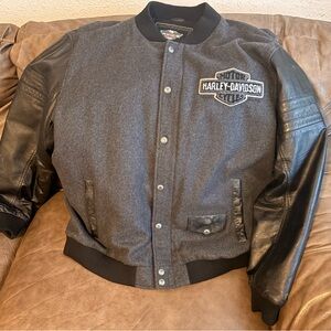 Harley‑Davidson Gray Wool Body with Black Leather Sleeve Varsity Jacket